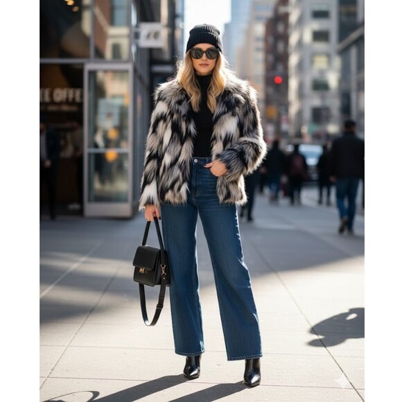 NWOT H&M black and white faux fur jacket w/ faux leather accents and pockets, 2 - Picture 2 of 7